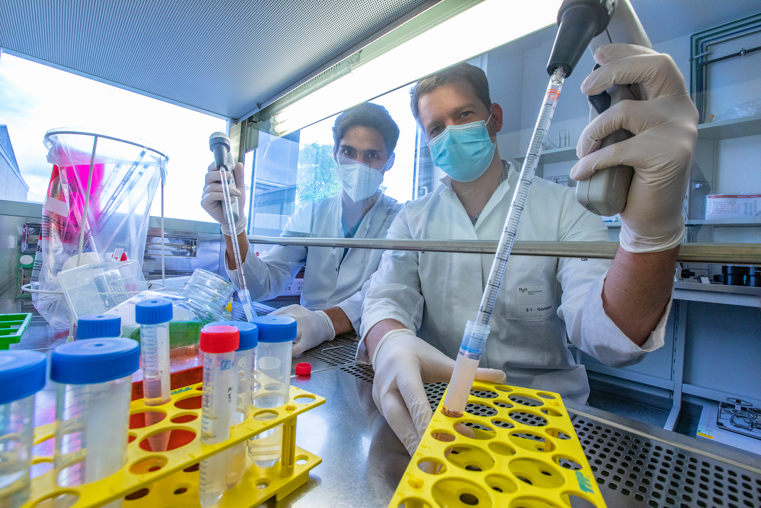 Dr. Simon Krooss (left) and Dr. Patrick Behrendt pipetting at a sterile workbench in a cell culture laboratory at MHH.