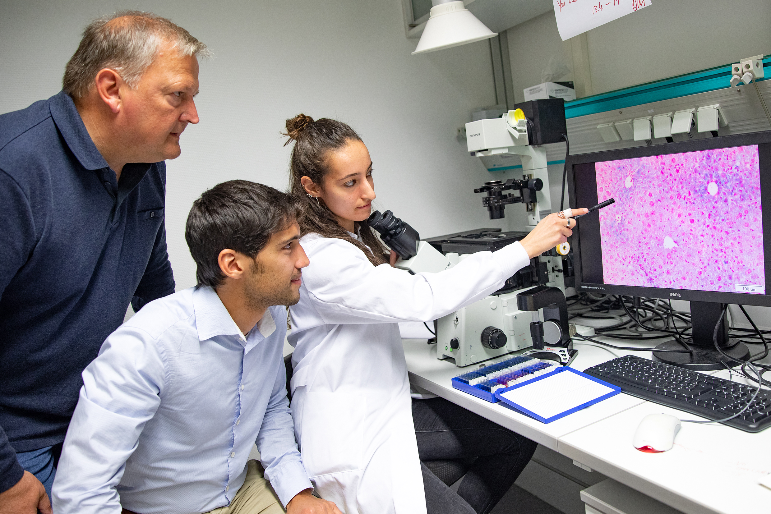 Professor Dr. Michael Ott, Dr. Simon Krooss und Erstautorin Dr. Alice Rovai stehen an einem Fluoreszenzmikroskop und betrachten die Aufnahme eines Mausleberschnittes.