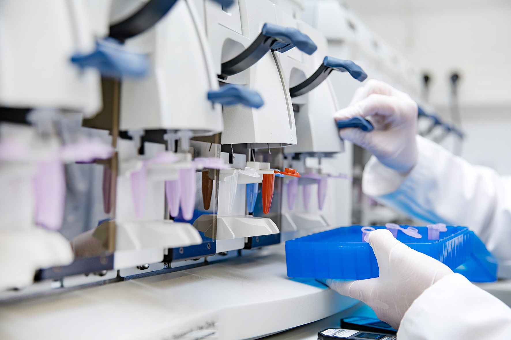 Copyright: Karin Kaiser / MHH Eine Hand bestückt in einem Labor einen Pipettierautomaten.