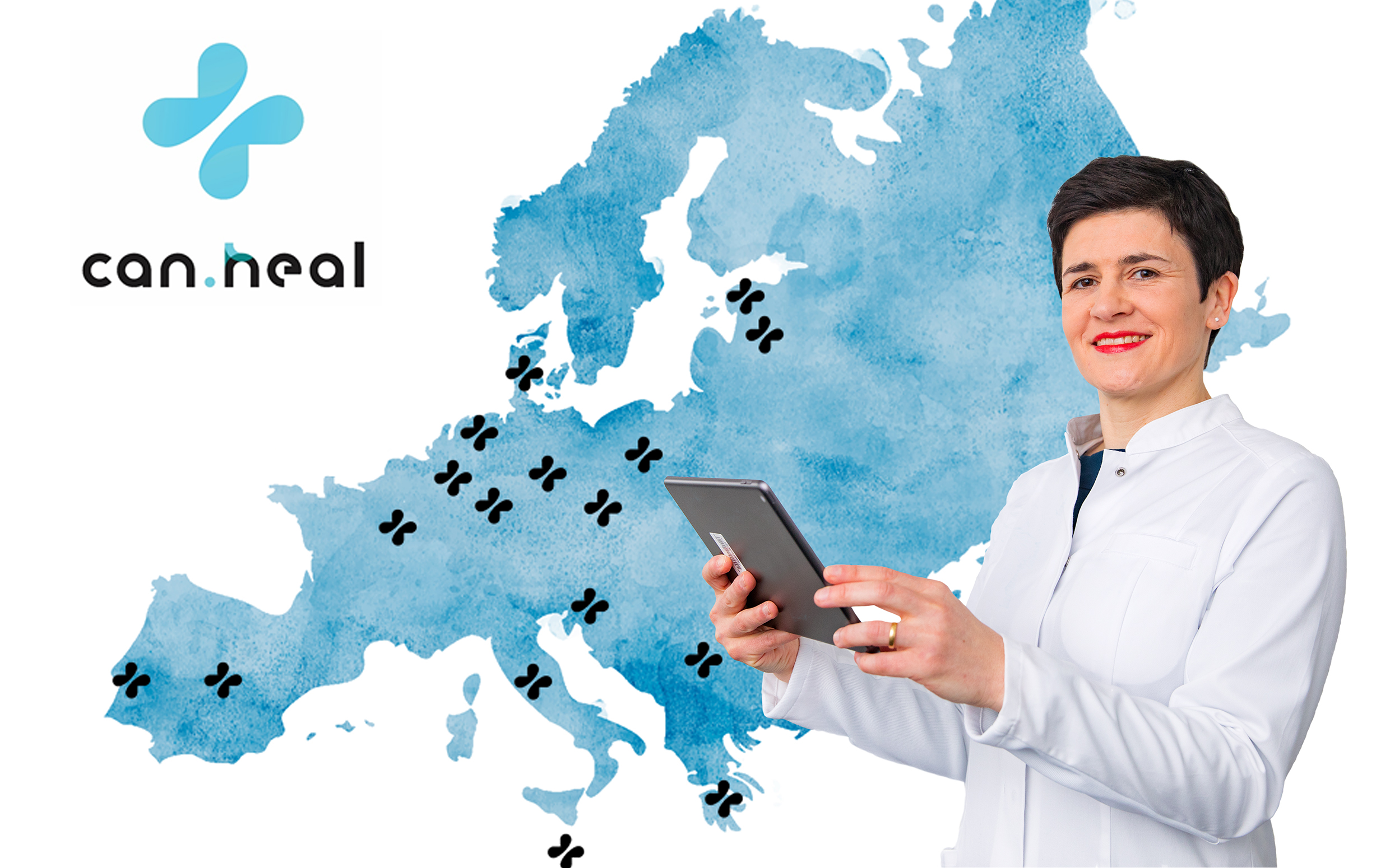 Copyright – Editing: Karin Kaiser / MHH, Freepik.com MHH doctor Dr. Anke Bergmann in a white coat. In the background the map of the European Union in blue. The 17 EU sites participating in the project are listed.