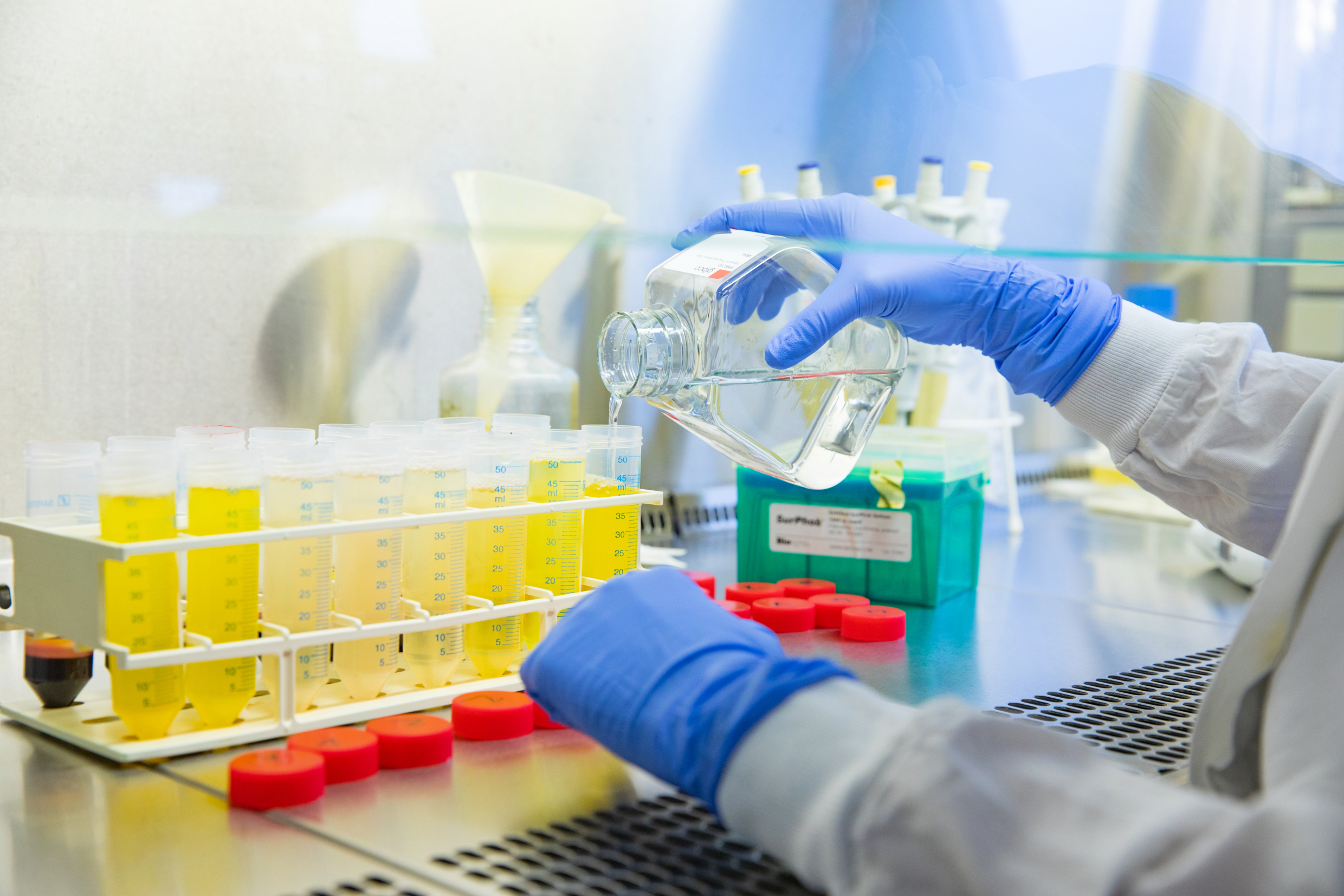 A workstation at a clean bench where a person is filling a liquid.