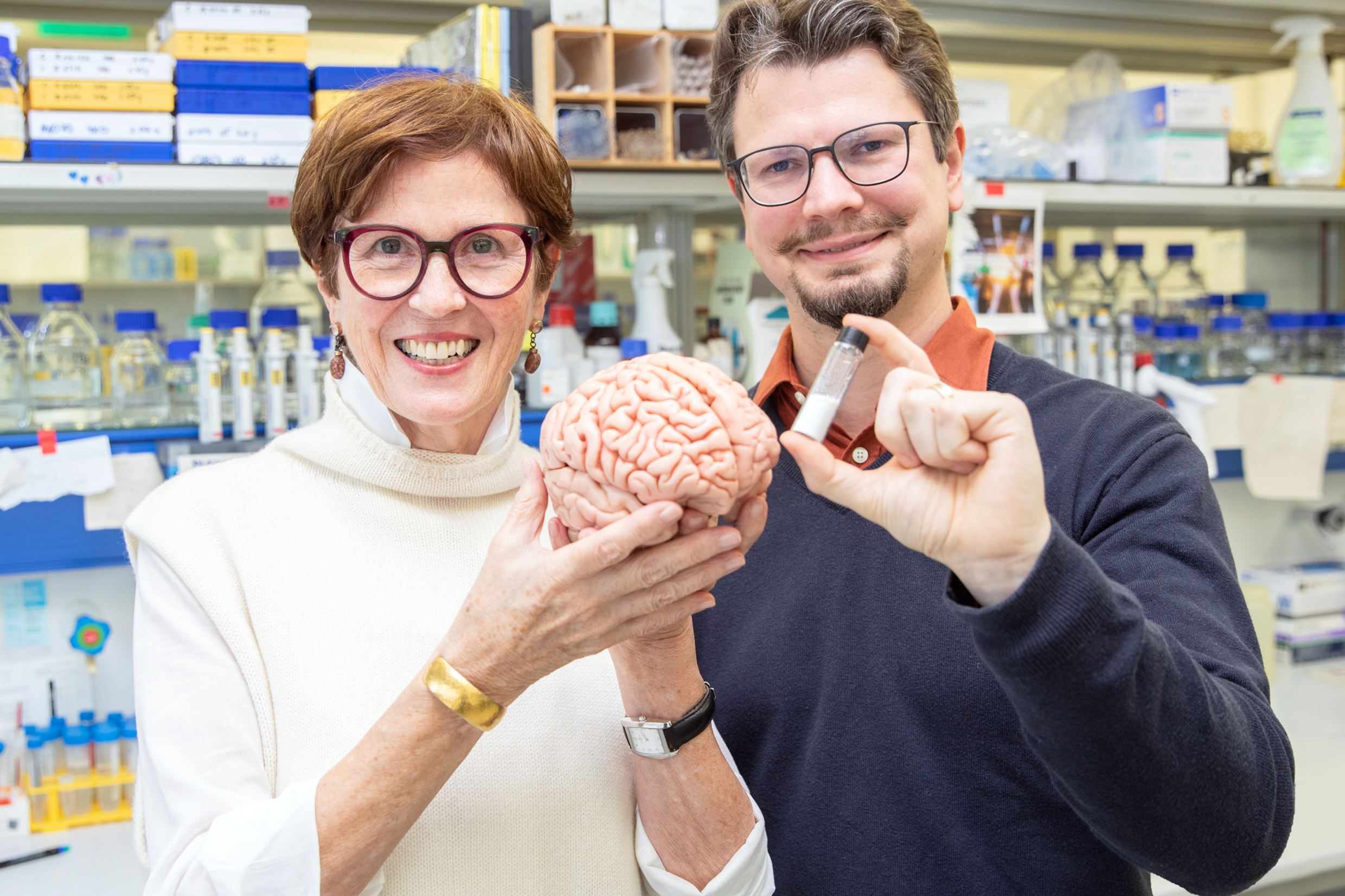 In einem Labor des Instituts für Klinische Biochemie stehen Professorin Dr. Rita Gerardy-Schahn und Dr. Hauke Thiesler und zeigen das Modell eines menschlichen Gehirns und ein Röhrchen mit Polysialinsäure. 