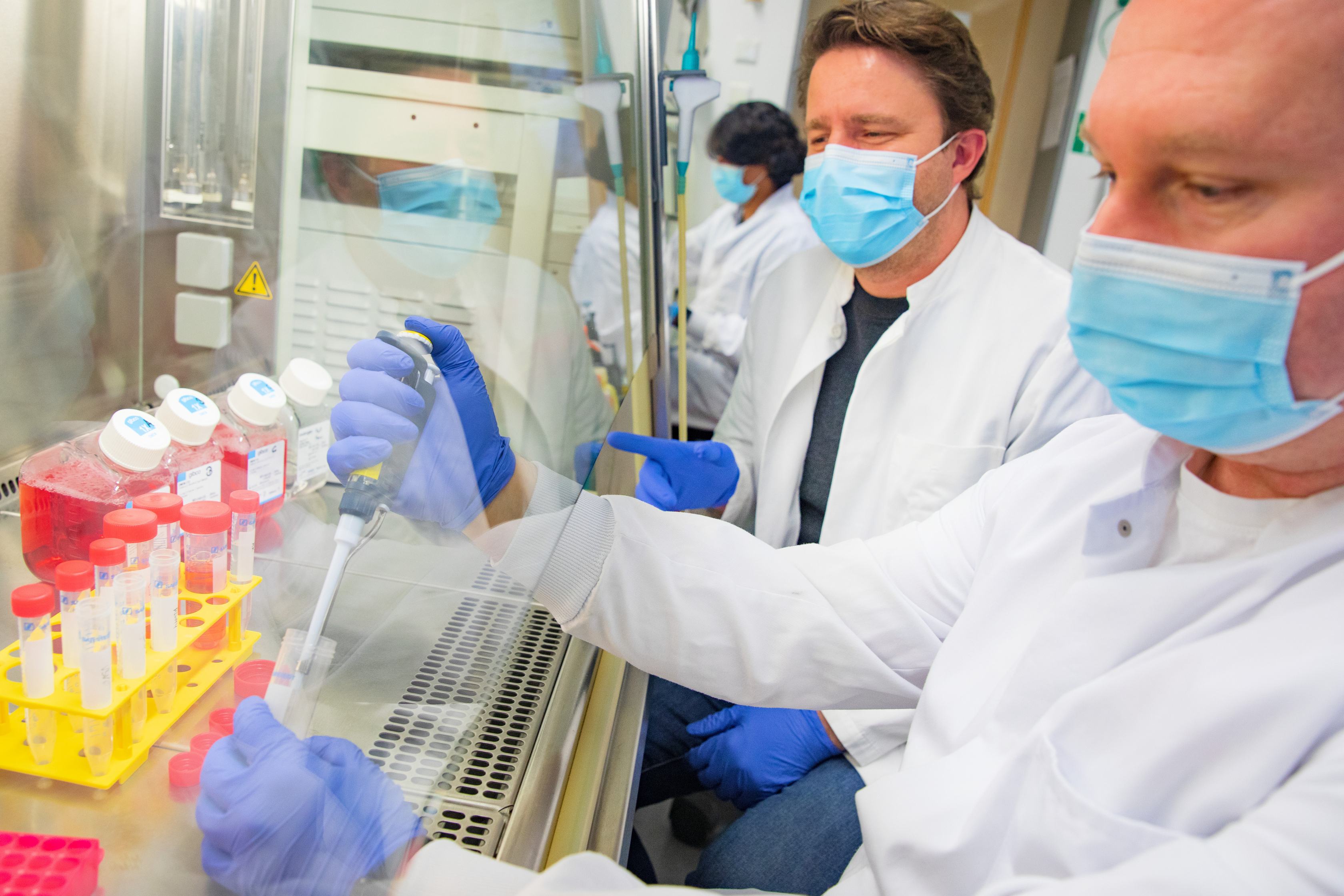 Professor Dr. Dr. Axel Schambach sitzt an einer biologischen Werkbank und schaut einem Mitarbeiter Dr. Marc Kleppa beim Pipettieren zu. 