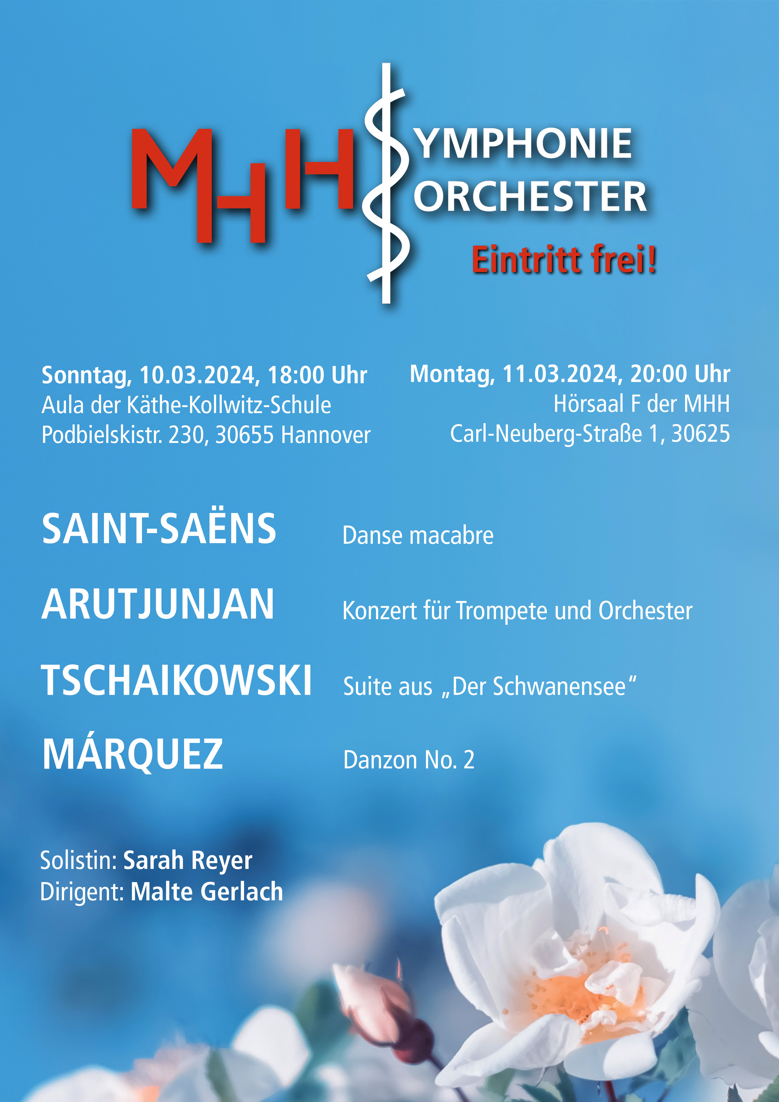 a blue paper with information about the orchestra and the concerts