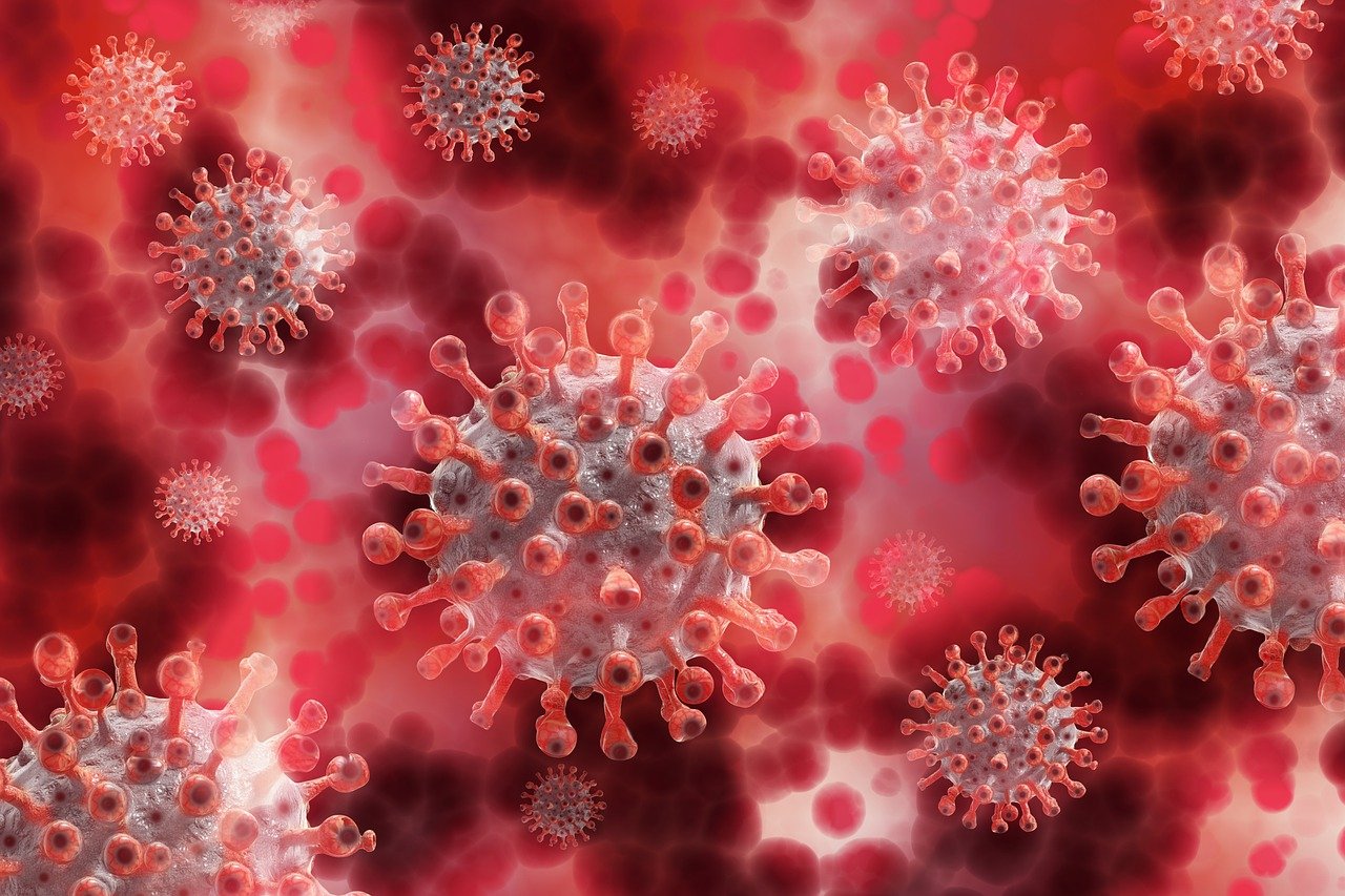 grafische Darstellung mehrere Coronaviren auf rötlichem Hintergrund