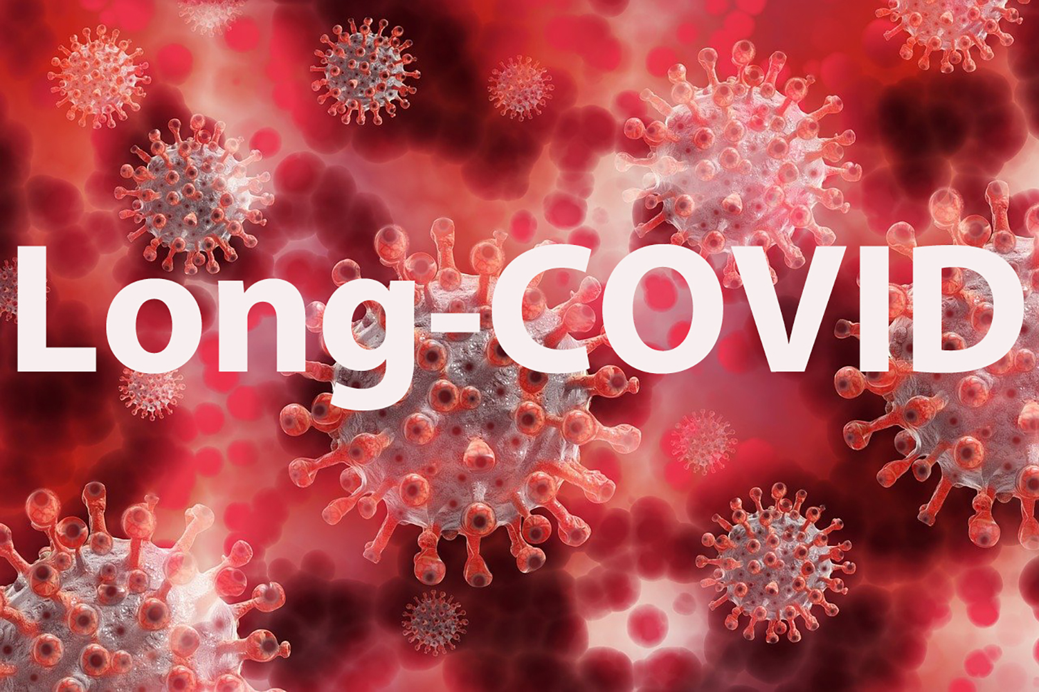 Copyright: pixabay, Karin Kaiser/MHH Der Schriftzug „Long-COVID“ vor stilisierten Coronaviren.