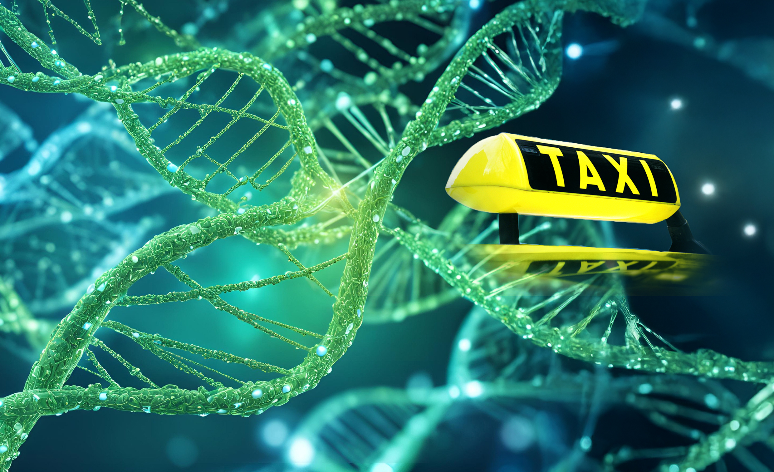 Copyright: pixabay, Karin Kaiser/MHH Symbolische DNA-Abschnitte in grün schweben neben einem gelben Taxi-Schild.