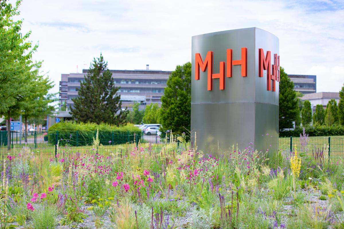 Eine Stele mit dem MHH-Logo.