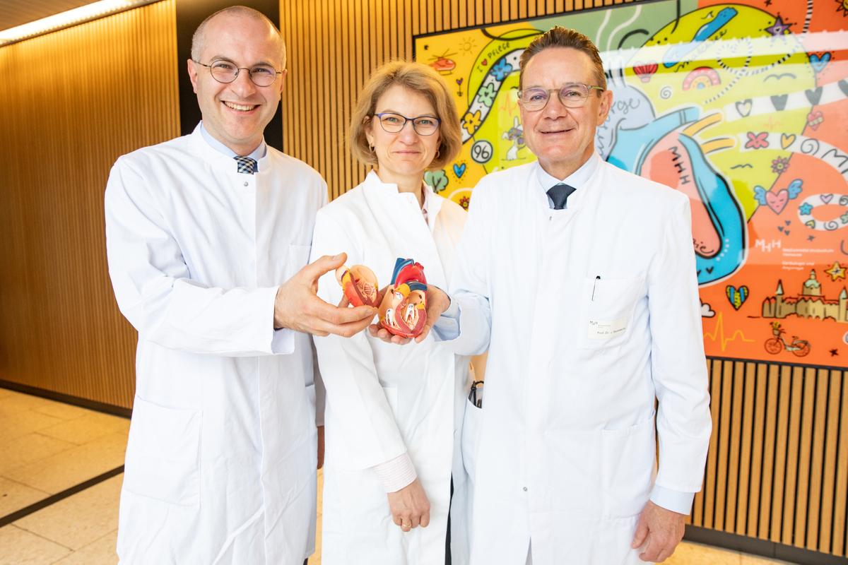 Zwei Männer und eine Frau in weißen Kitteln zeigen das Modell eines menschlichen Herzens.