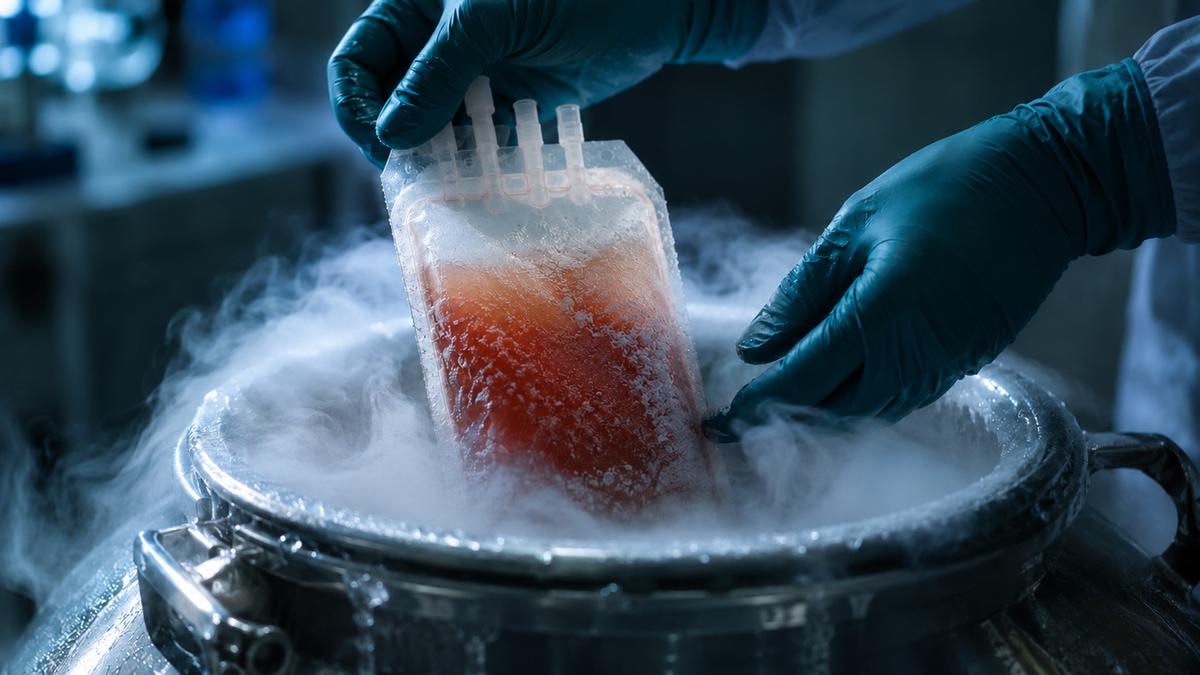 Arbeitshandschuhe platzieren eine Probe in einem Behälter mit extrem niedriger Temperatur, während aufsteigender Nebel die starke Kühlung sichtbar macht.