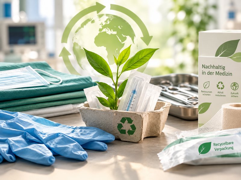 Nachhaltige Medizinprodukte und recycelbare Verpackungen neben medizinischen Einwegmaterialien, ergänzt durch ein Pflänzchen und ein Recycling-Symbol als Zeichen für Ressourcenschonung und Umweltschutz im Gesundheitswesen.
