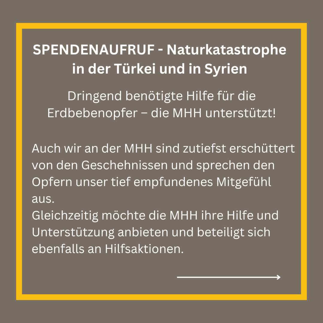 Grafik mit Text zum Spendenaufruf nach der Erdbebenkatatstrophe in der Türkei uns Syrien