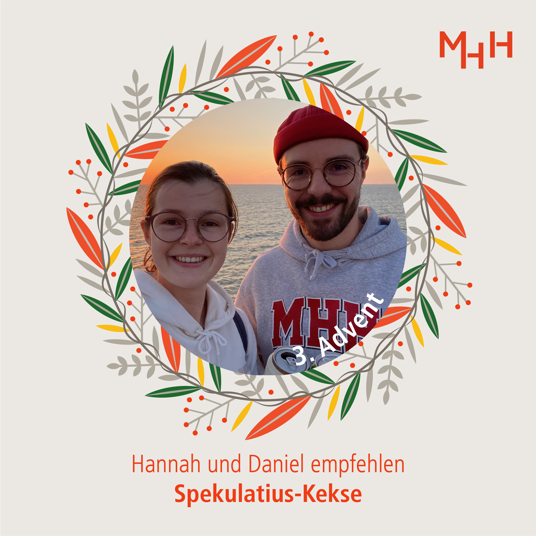 Grafik: Porträt Hannah und Daniel aus dem AStA, umrahmt von einem grafischen Weihnachtskranz