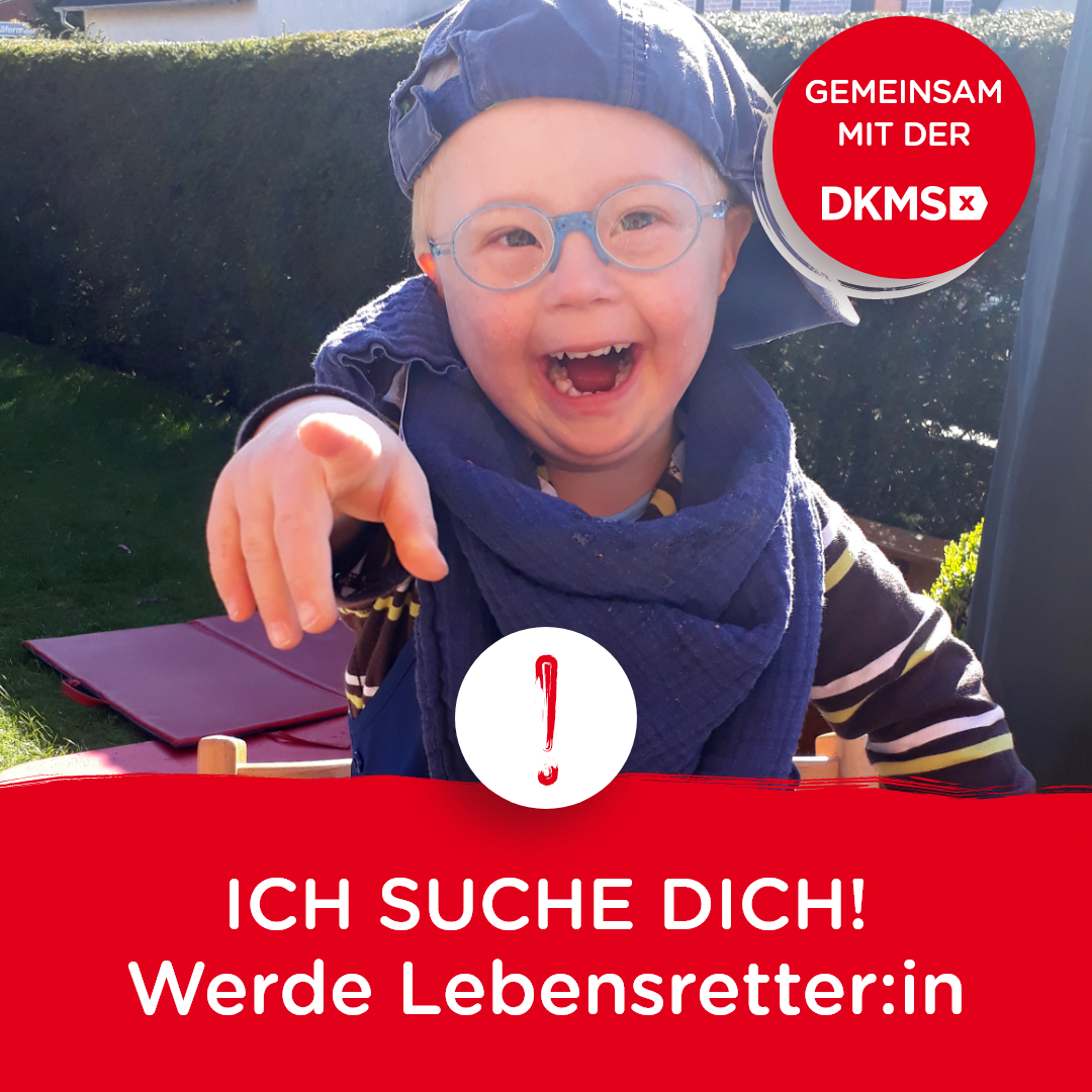 Grafik, Foto vom 4-jährigen Nils, der lacht und in die Kamera zeigt, Schriftzug: "ICH SUCHE DICH! Werde Lebenretter:in"