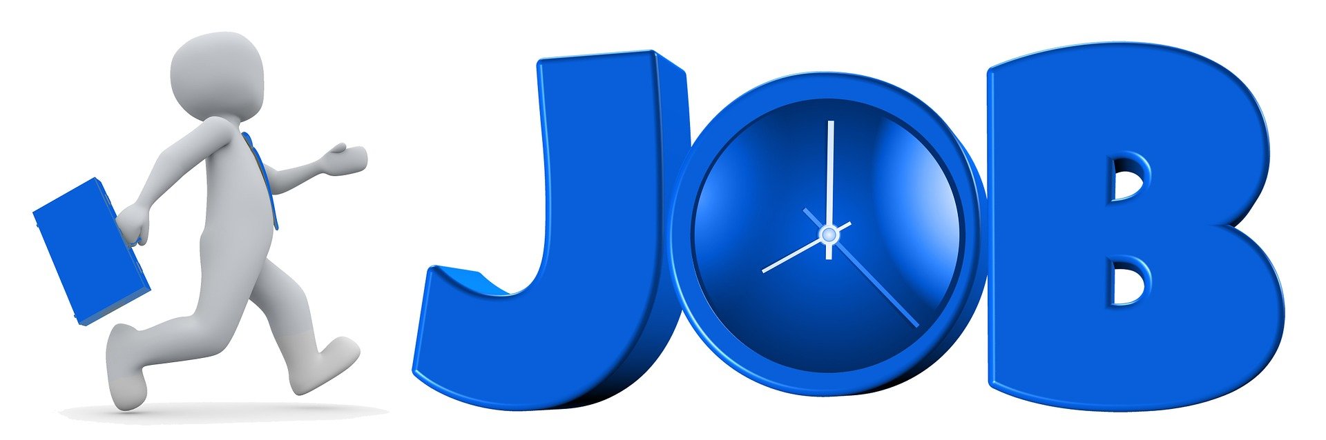 Ein Menchen mit einel blauen Koffer geht in die Richtung der drei großen blauen Buchstaben JOB. In der J ist eine Uhr eingefasst, die 8 Uhr zeigt.