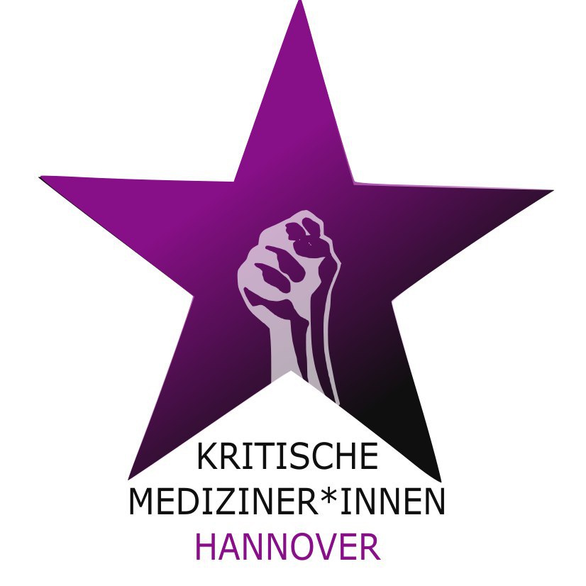 Logo der KritMeds Hannover: fünfzackiger, lilafarbener Stern mit protestierender Faust in der Mitte.