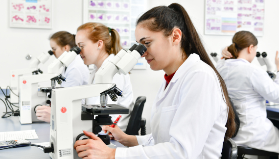 MTLA Schüler sitzen im Labor und schauen in Mikroskope