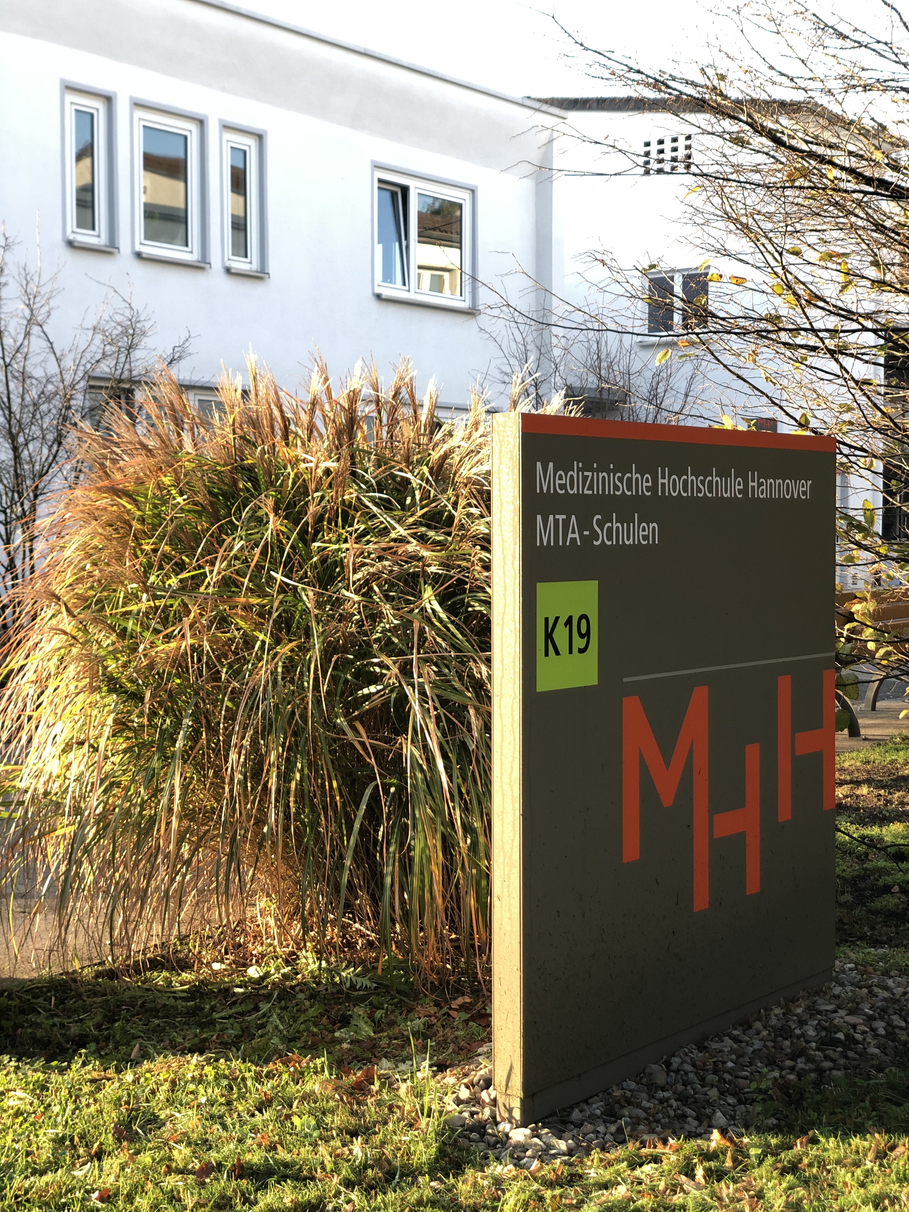 Copyright: MTAR-Schule, MHH Es ist der Hof der Schule dargestellt. Groß mit roten Buchstaben zu sehen ist das MHH Gebäudeschild