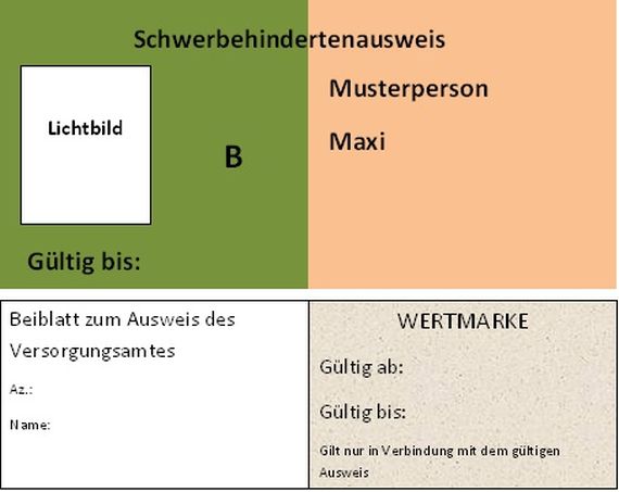 Das Muster eines grün-orangen Schwerbehindertenausweises, darunter das Muster einer Wertmarke und des Beiblattes zum Ausweis des Versorgungsamtes.