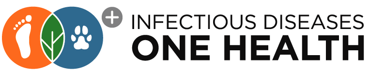 Two overlapping circles. The left circle is orange, in the middle of the circle is a white footprint. The right circle is blue, in the middle of the circle is a white paw print. In the middle the circles overlap, the area is green. In this area there is a white vertical line, on this line there are slanted lines on the left and on the right. Therefore the middle part looks like in the leaf. At the top right, next to the blue circle, there is a plus sign in a grey circle. To the right are the words Infectious Disease One Health.  