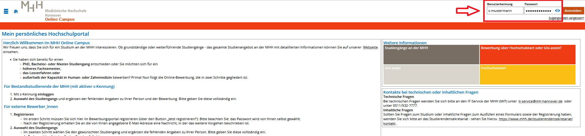 Startseite des MHH Online Campus mit markiertem Feld für Login