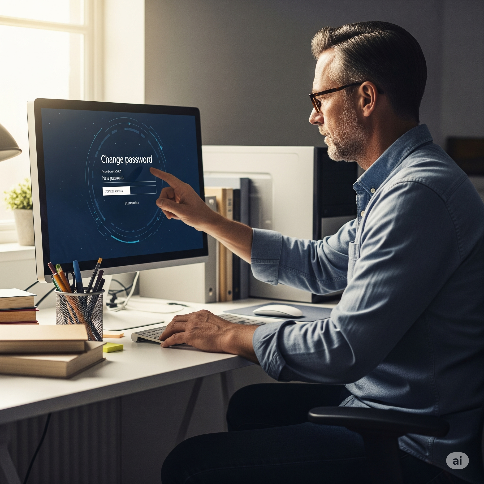 Person sitzt vor einem Monitor und ändert sein Passwort