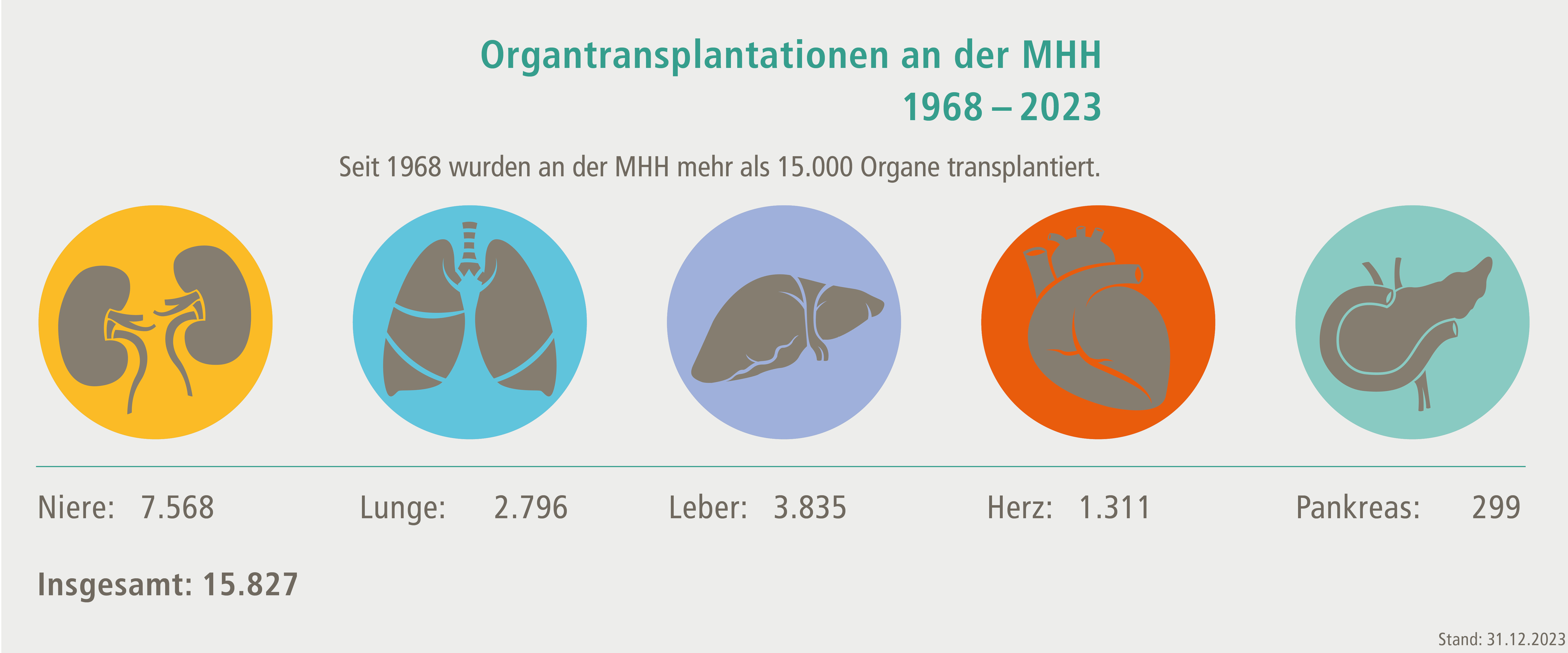 Seit 1968 wurden an der MHH mehr als 15.000 Organe transplantiert.7.419 Nieren, 2.704 Lungen, 3.772 Lebern, 1.292 Herzen und 295 Bauspeicheldrüsen. Ende 2023 waren es insgesamt 15.827 Organe. Copyright: MHH-Transplantationszentrum