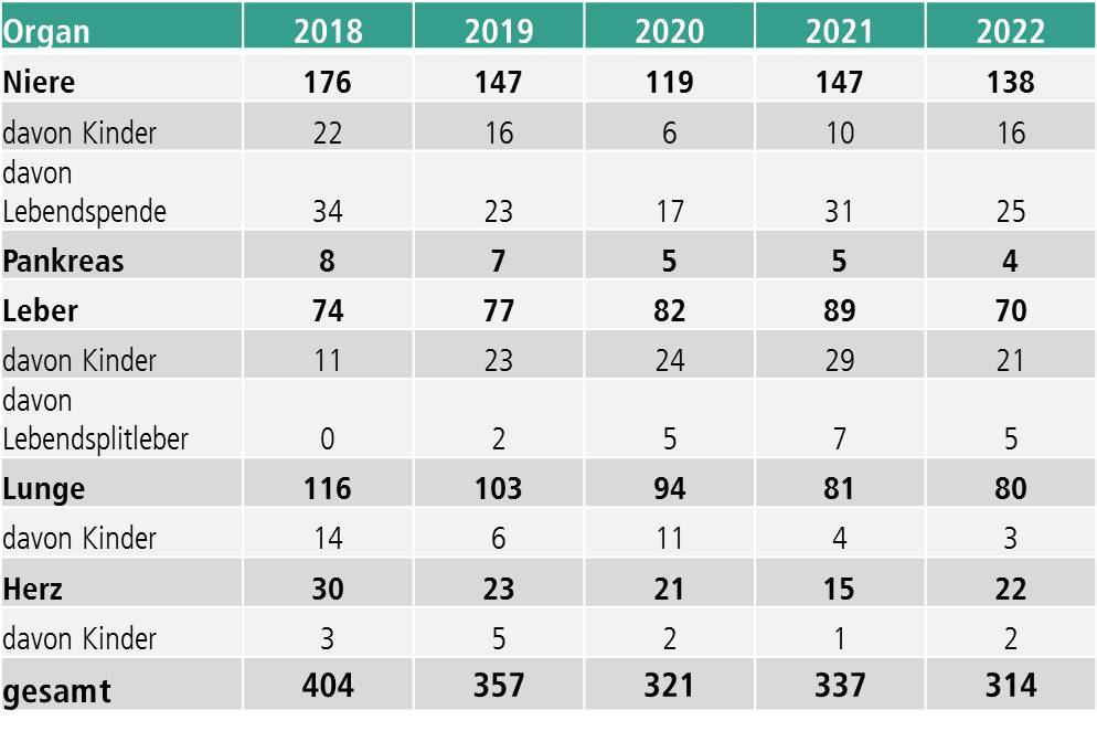 Übersicht Transplantationen 2018-2022 inkl. Lebendspende und Transplantationen bei Kindern. Copyright: MHH-Transplantationszentrum
