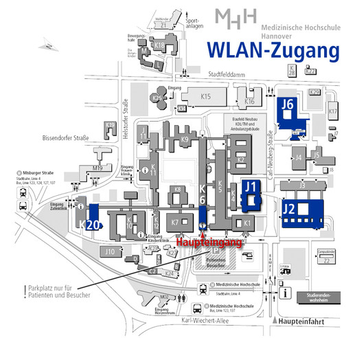 MHH Lageplan mit der Übersicht wo überall an der MHH WLAN verfügbar ist